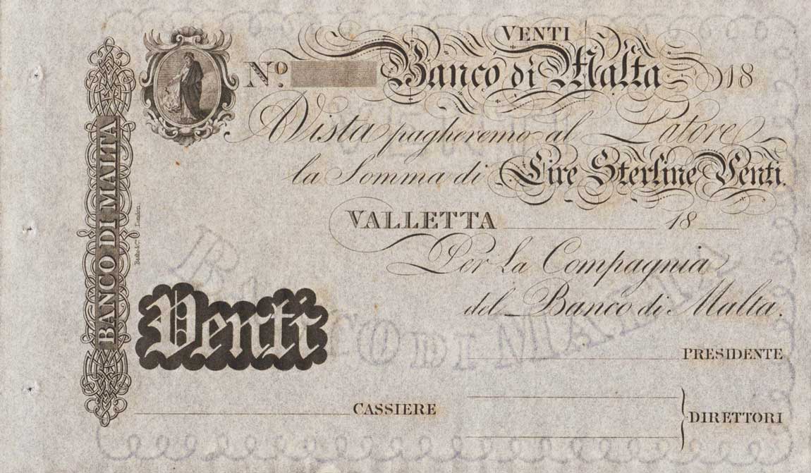 Front of Malta pS163: 20 Lire from 1830