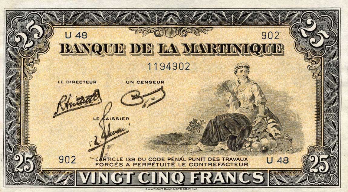 Front of Martinique p17a: 25 Francs from 1943