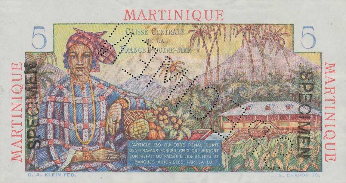 Back of Martinique p27s: 5 Francs from 1947