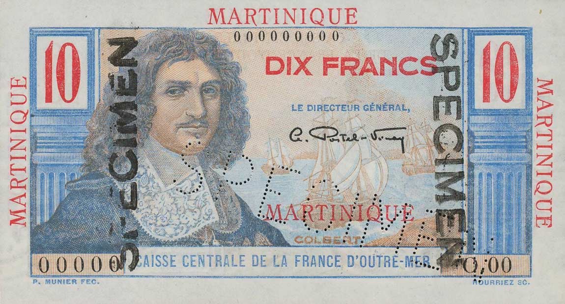 Front of Martinique p28s: 10 Francs from 1947