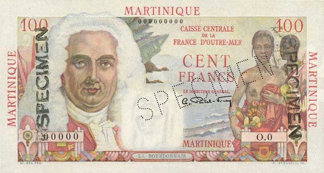 Front of Martinique p31s: 100 Francs from 1947