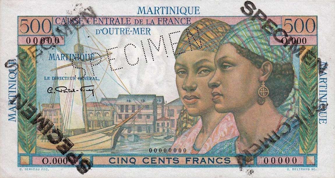 Front of Martinique p32s: 500 Francs from 1947