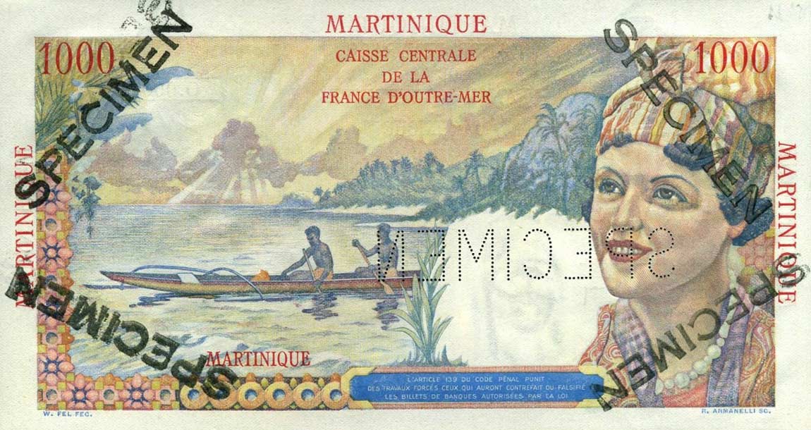 Back of Martinique p33s: 1000 Francs from 1947