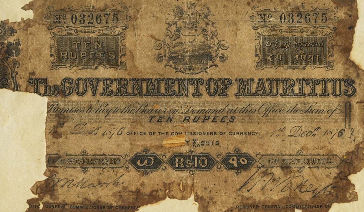 Front of Mauritius p14: 10 Rupees from 1877