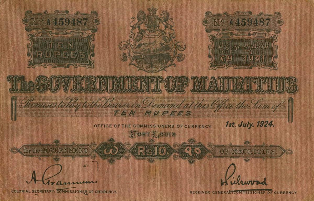 Front of Mauritius p17: 10 Rupees from 1914