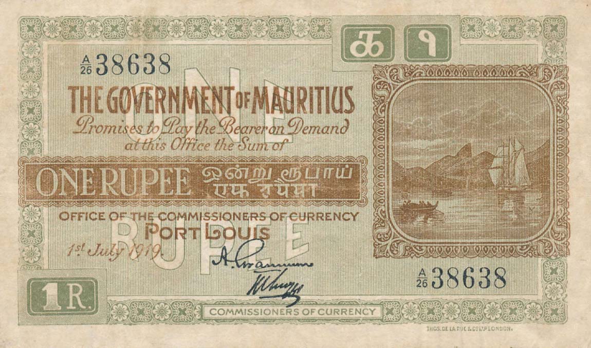 Front of Mauritius p19: 1 Rupee from 1919