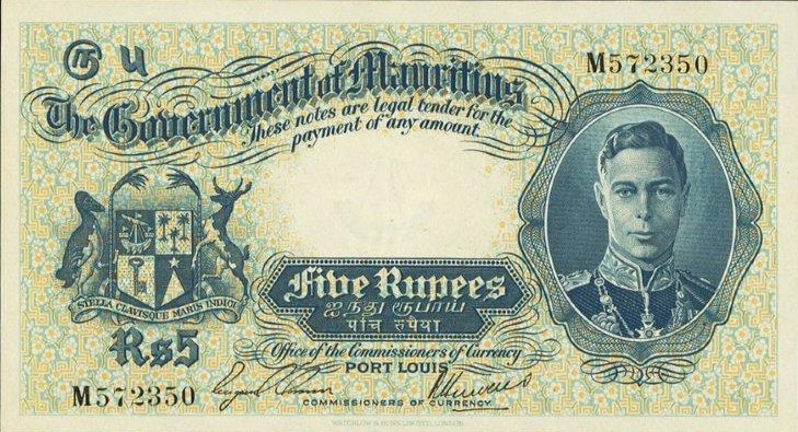 Front of Mauritius p22: 5 Rupees from 1937