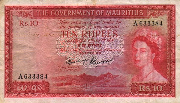 Front of Mauritius p28a: 10 Rupees from 1954