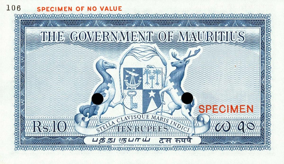 Back of Mauritius p28ct: 10 Rupees from 1954