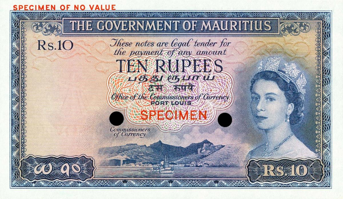 Front of Mauritius p28ct: 10 Rupees from 1954