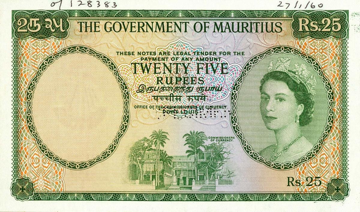 Front of Mauritius p29s: 25 Rupees from 1954