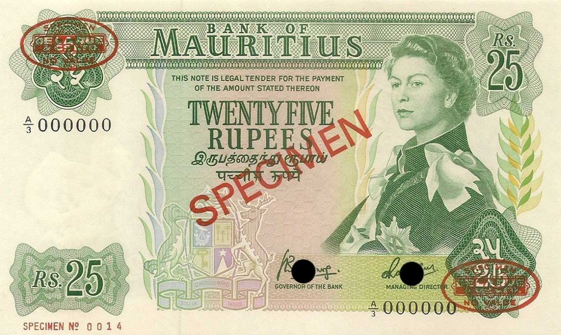 Front of Mauritius p32s: 25 Rupees from 1967