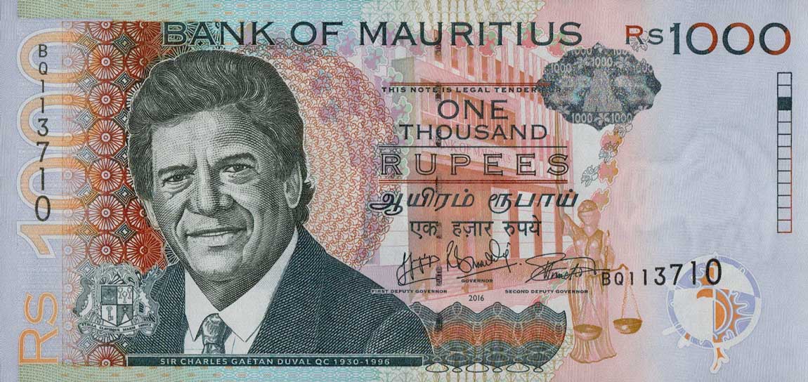 Front of Mauritius p63c: 1000 Rupees from 2016