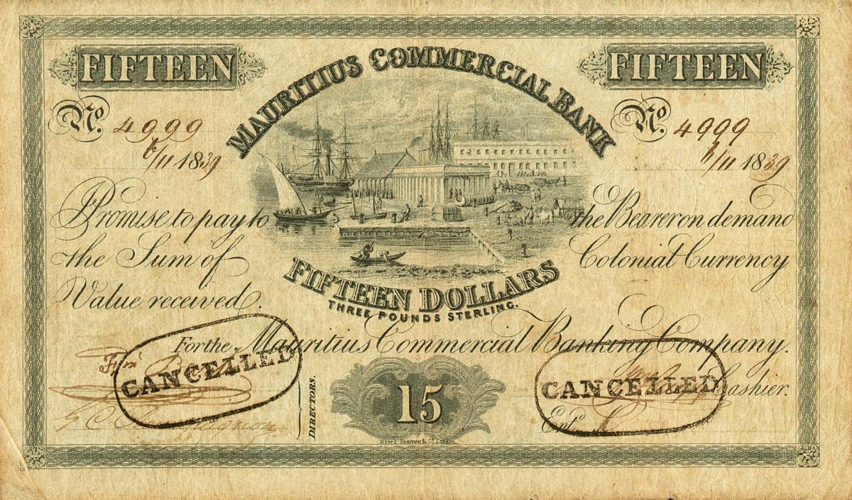 Front of Mauritius pS123: 15 Dollars from 1838