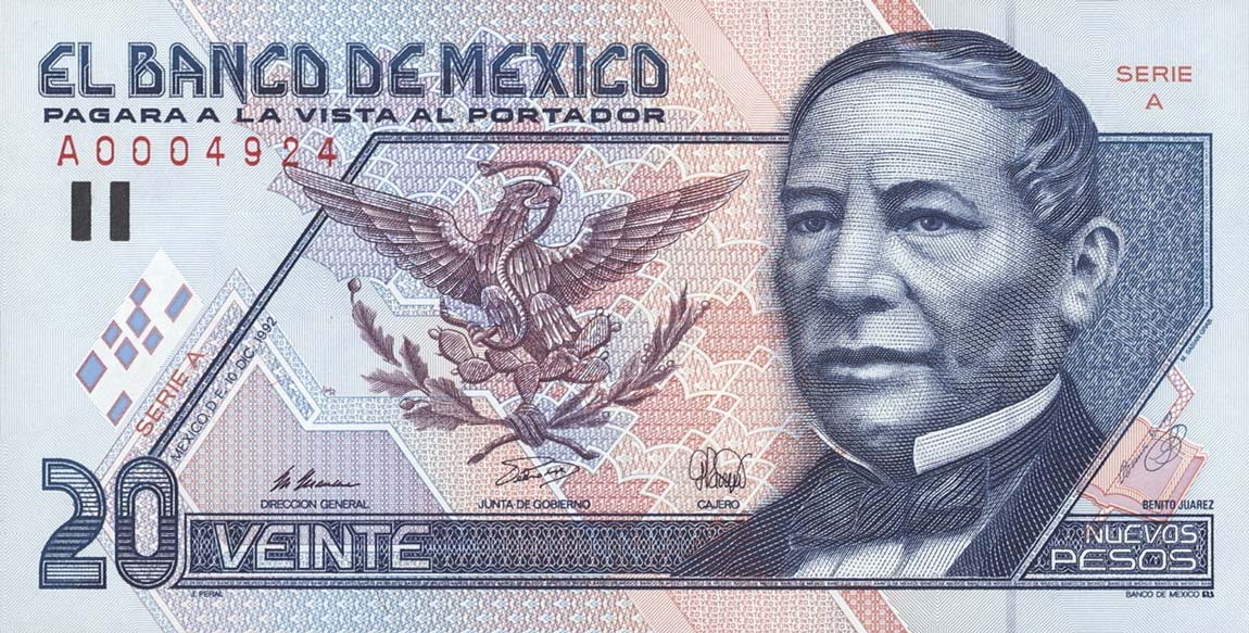 Front of Mexico p100: 20 Nuevos Pesos from 1992