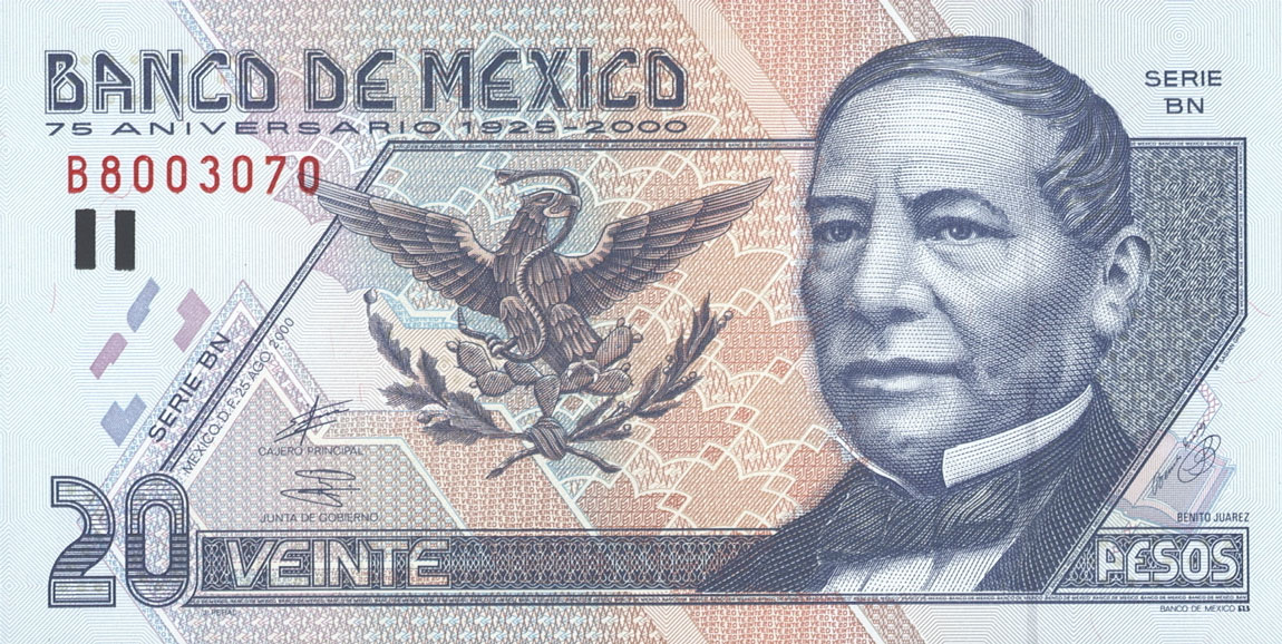 Front of Mexico p111: 20 Pesos from 2000