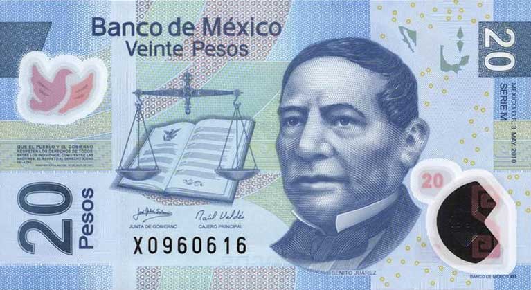 Front of Mexico p122m: 20 Pesos from 2010