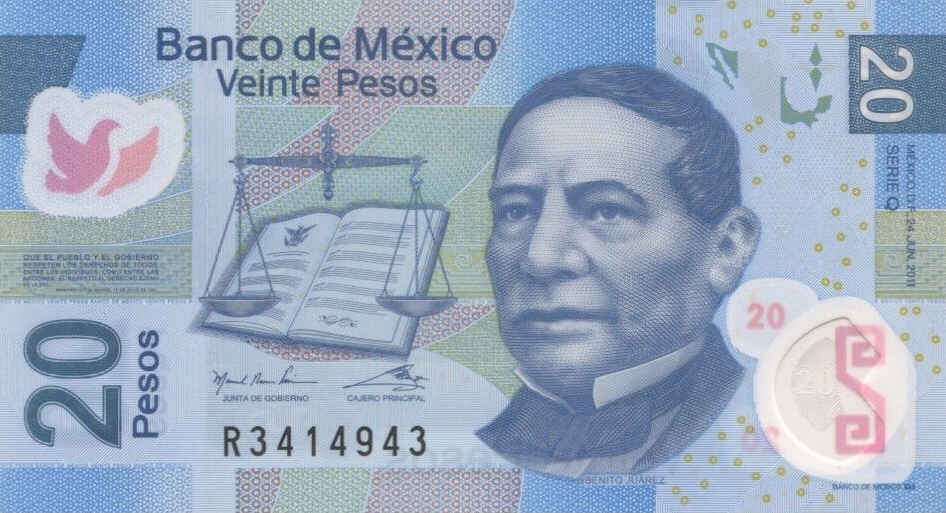 Front of Mexico p122q: 20 Pesos from 2011