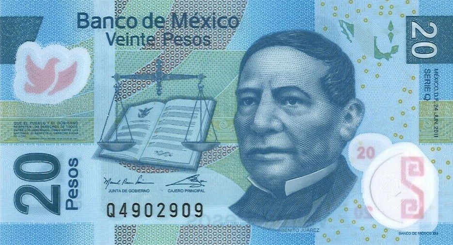 Front of Mexico p122p: 20 Pesos from 2011