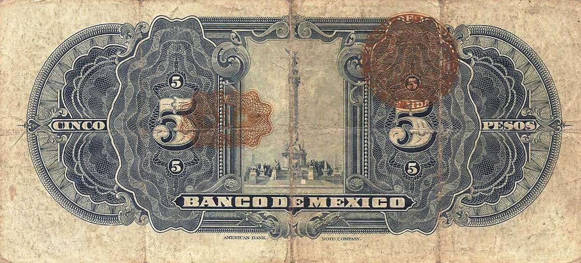 Back of Mexico p21b: 5 Pesos from 1931