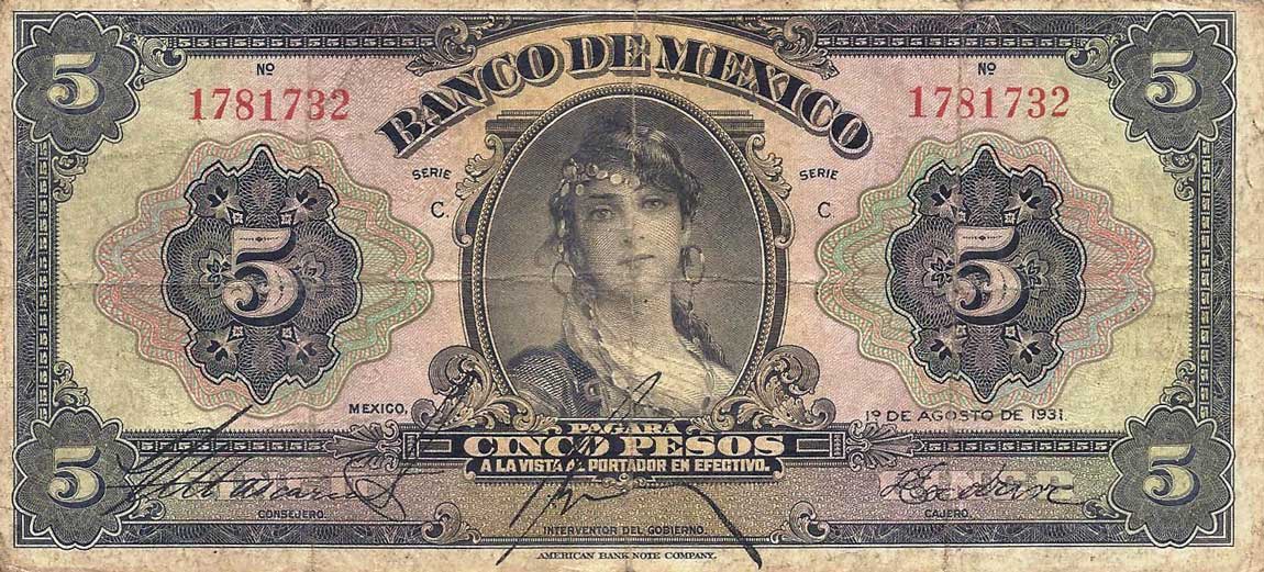 Front of Mexico p21b: 5 Pesos from 1931