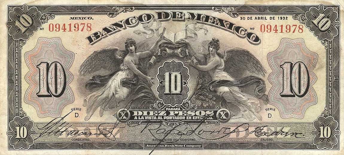 Front of Mexico p22c: 10 Pesos from 1932