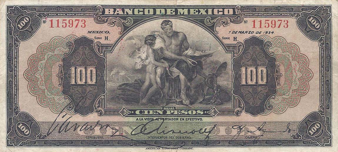 Front of Mexico p25g: 100 Pesos from 1934