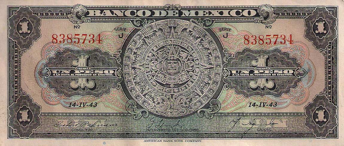 Front of Mexico p28e: 1 Peso from 1943
