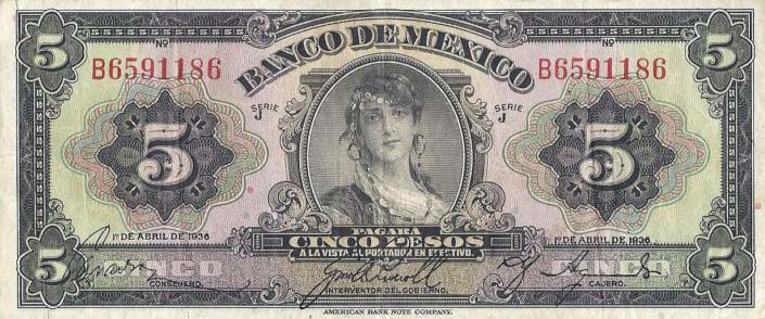 Front of Mexico p29: 5 Pesos from 1936
