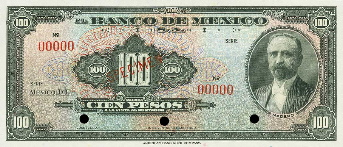 Front of Mexico p31s: 100 Pesos from 1936