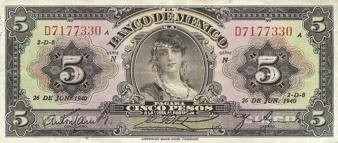 Front of Mexico p34b: 5 Pesos from 1940