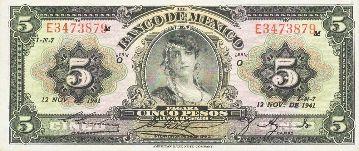 Front of Mexico p34c: 5 Pesos from 1941