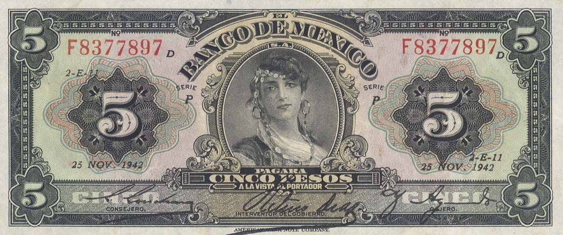 Front of Mexico p34d: 5 Pesos from 1942