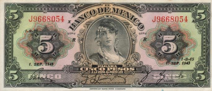 Front of Mexico p34f: 5 Pesos from 1943