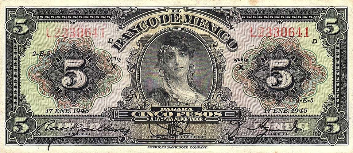 Front of Mexico p34g: 5 Pesos from 1945