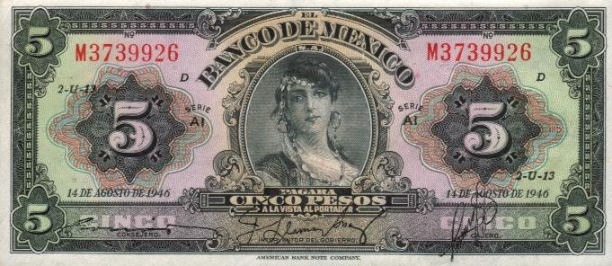 Front of Mexico p34h: 5 Pesos from 1946