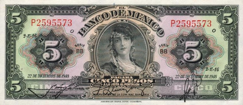 Front of Mexico p34j: 5 Pesos from 1948