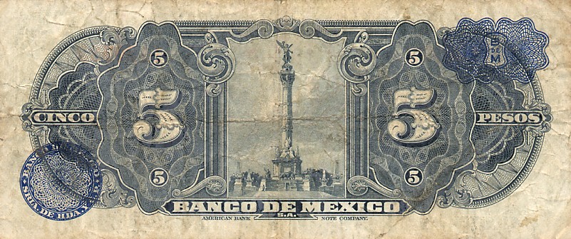 Back of Mexico p34l: 5 Pesos from 1950