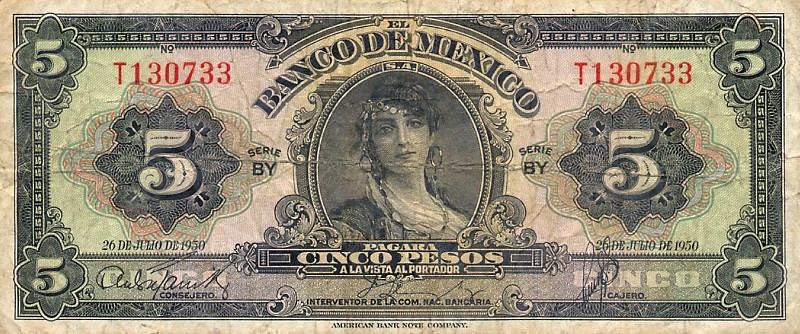 Front of Mexico p34l: 5 Pesos from 1950