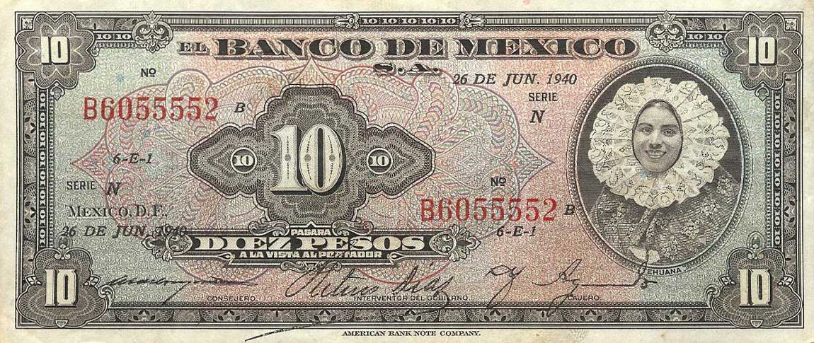 Front of Mexico p35b: 10 Pesos from 1940