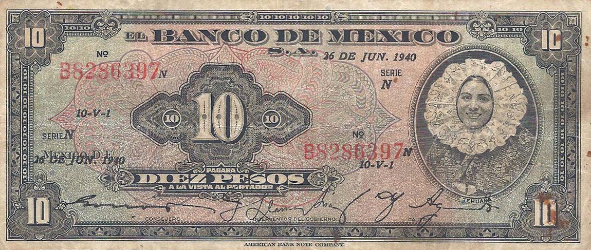 Front of Mexico p35c: 10 Pesos from 1941