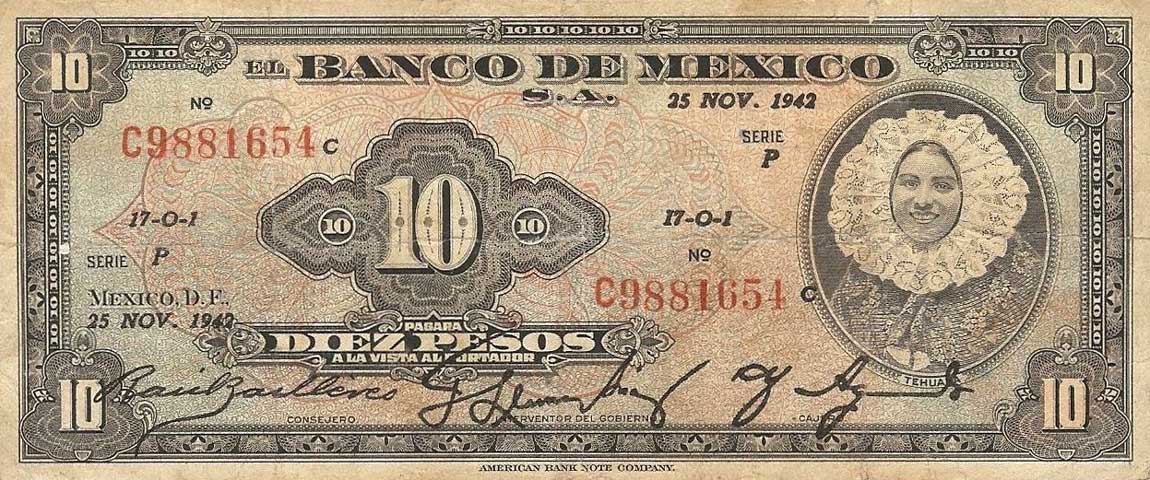Front of Mexico p35d: 10 Pesos from 1942