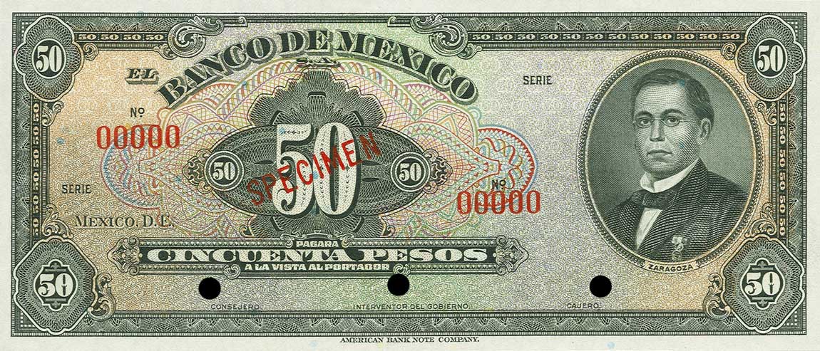 Front of Mexico p37s: 50 Pesos from 1937