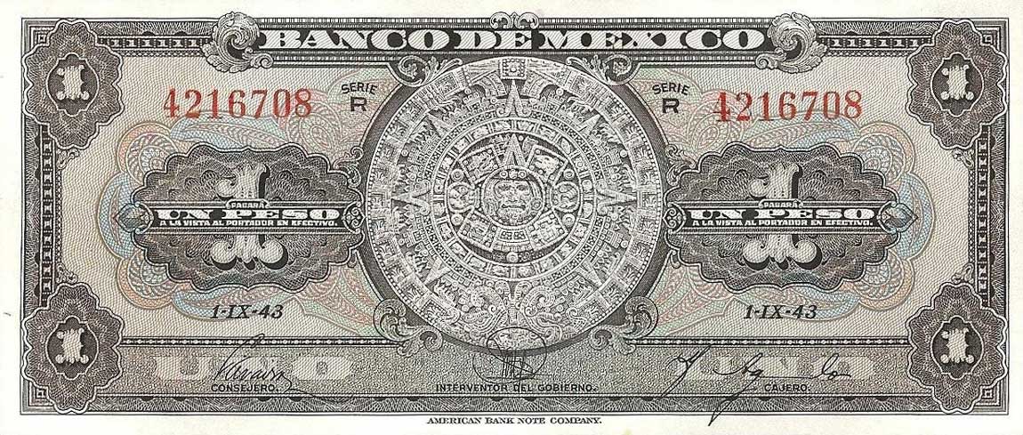 Front of Mexico p38b: 1 Peso from 1943