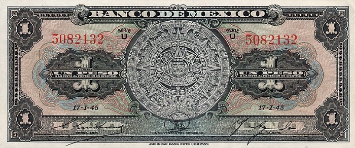 Front of Mexico p38c: 1 Peso from 1945