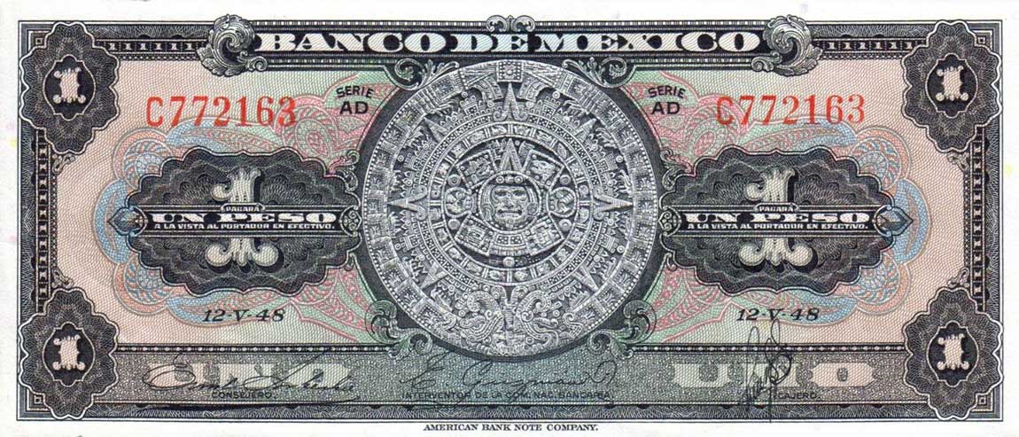 Front of Mexico p38d: 1 Peso from 1948