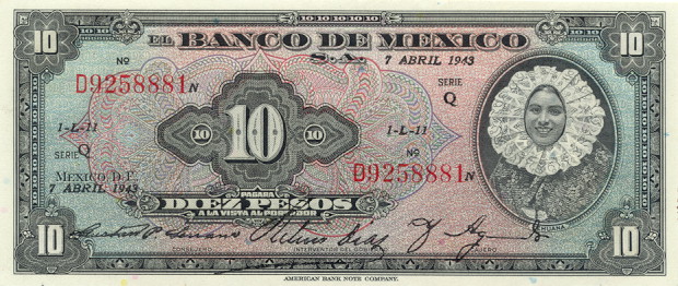 Front of Mexico p39a: 10 Pesos from 1943