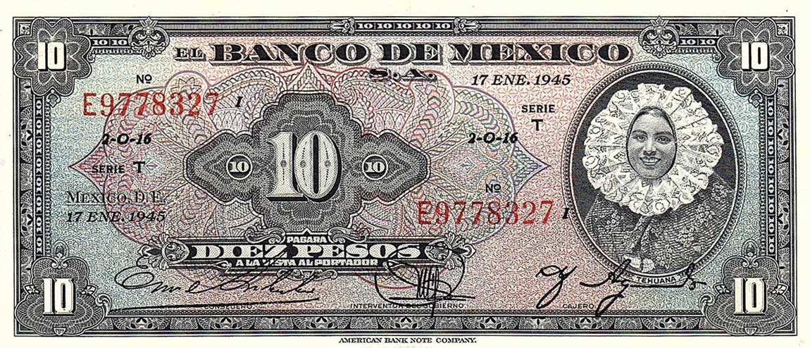Front of Mexico p39c: 10 Pesos from 1945