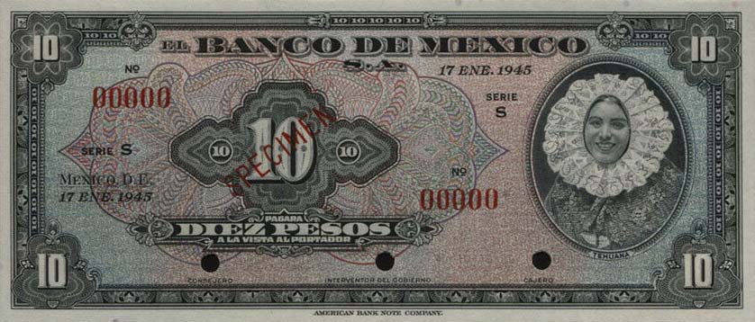 Front of Mexico p39s: 10 Pesos from 1945