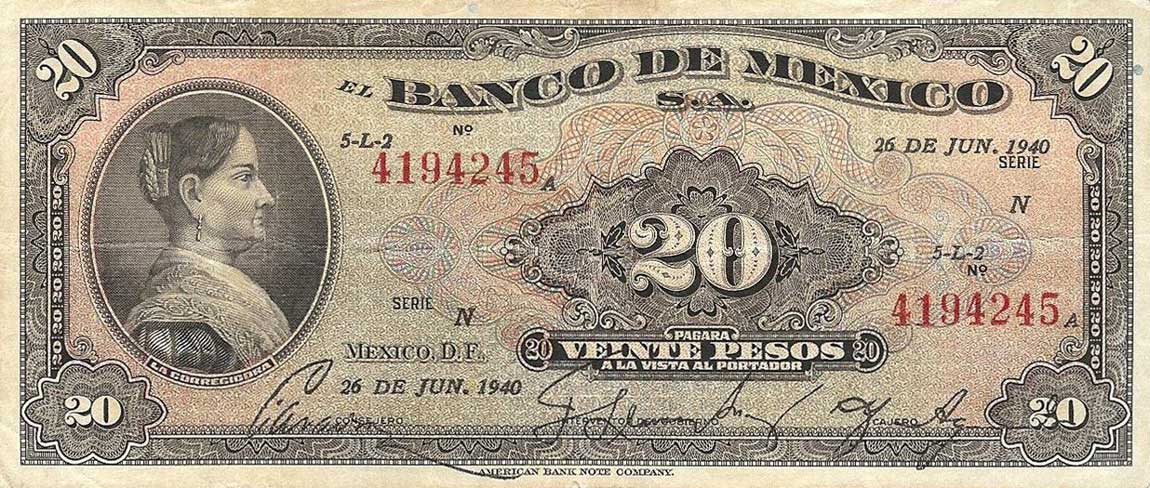 Front of Mexico p40a: 20 Pesos from 1940